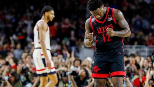 San Diego State guard Darrion Trammell reacts during the second half of the national championship game of the 2023 NCAA Men's Basketball Tournament. San Diego State is one of eight men's college basketball teams that will participate in the first Players Era Tournament. (Meg McLaughlin/The San Diego Union-Tribune/TNS)