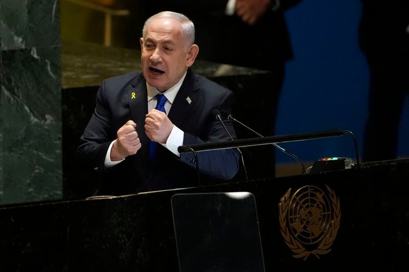 Prime Minister of Israel Benjamin Netanyahu addresses the 79th session of the United Nations General Assembly, Friday, Sept. 27, 2024. (AP Photo/Pamela Smith)