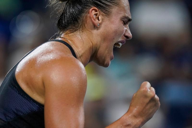 Aryna Sabalenka, of Belarus, celebrates after a point against Elise Mertens, of Belgium, in the fourth round of the U.S. Open tennis championships, Sunday, Sept. 1, 2024, in New York. (AP Photo/Eduardo Munoz Alvarez)