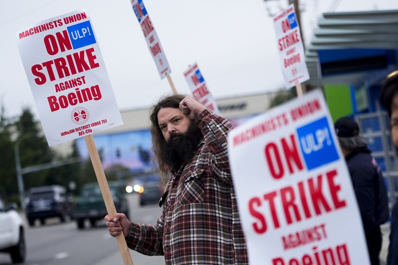 Jacob Bustad, a machinist who has worked for Boeing for 14 years, holds up a fist to passing drivers as union members work the picket line after voting to reject a contract offer and go on strike, Sunday, Sept. 15, 2024, near the company's factory in Everett, Wash. (AP Photo/Lindsey Wasson)