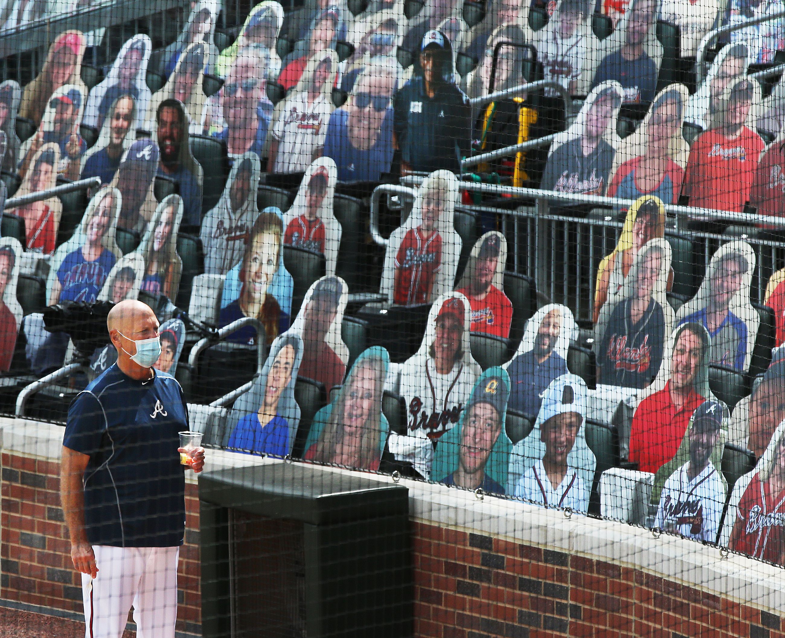 August 06, 2020: Cardboard cutouts of fans fill the seats of a MLB game  between the Toronto Blue Jays and Atlanta Braves at Truist Park in Atlanta,  GA. Austin McAfee/(Photo by Austin