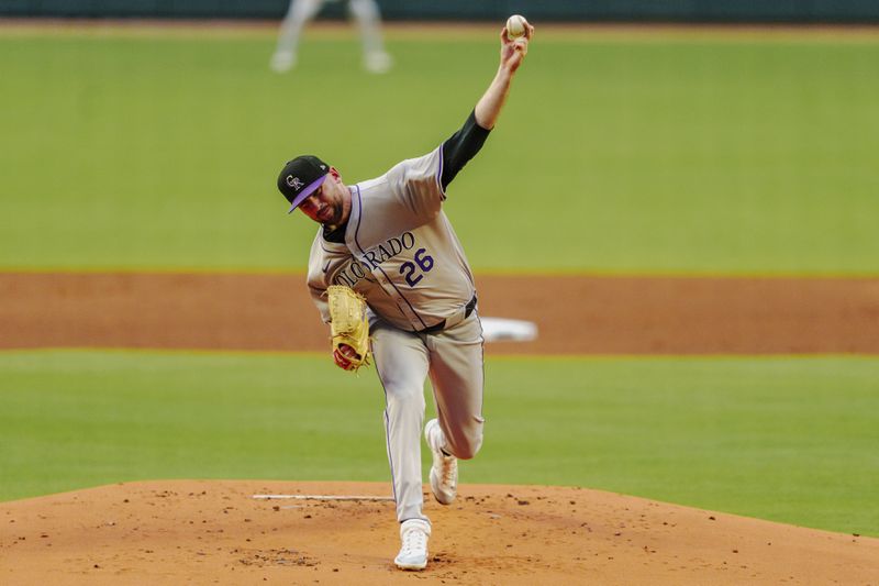 Colorado Rockies pitcher Austin Gomber throws in the first inning of a baseball game against the Atlanta Braves, Thursday, Sept. 5, 2024, in Atlanta. (AP Photo/Jason Allen)