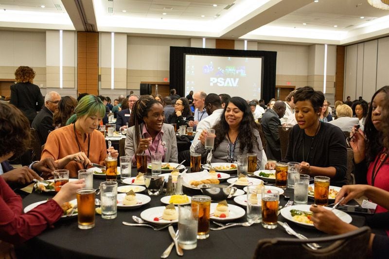 Attendees enjoy lunch at the Marriott Marquis in downtown Atlanta on Friday, Oct. 25, 2019. An estimated 1,200 educators, college recruiters and students met at the Marriott Marquis this weekend as part of the Southern Regional Education Board-led Institute on Teaching and Mentoring. REBECCA WRIGHT / FOR THE ATLANTA JOURNAL-CONSTITUTION