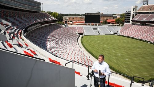 Georgia Athletic Director Josh Brooks, here sharing UGA's COVID-19 plan for football attendance last fall at Sanford Stadium, is currently overseeing one of the most profitable athletic department's in the country, according to its latest NCAA Financial Report. (Photo by Tony Walsh/UGA Athletics)