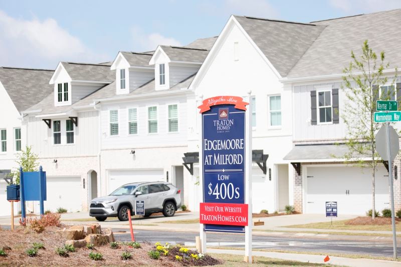 A sign shows the price of the new homes available at Edgemoore at Milford in Marietta on Sunday, April 30, 2023. The peak month for home sales in metro Atlanta in 2023 was in May, and 7,247 homes were sold.
Miguel Martinez /miguel.martinezjimenez@ajc.com