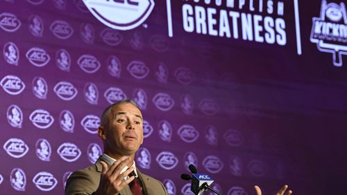 Florida State head coach Mike Norvell speaks during the Atlantic Coast Conference NCAA college football media days, Monday, July 22, 2024, in Charlotte, N.C. (AP Photo/Matt Kelley)