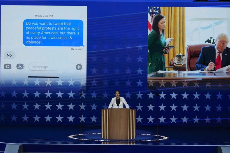 Stephanie Grisham, former Trump White House Press Secretary, speaking at the Democratic National Convention Tuesday, Aug. 20, 2024, in Chicago. (AP Photo/J. Scott Applewhite)