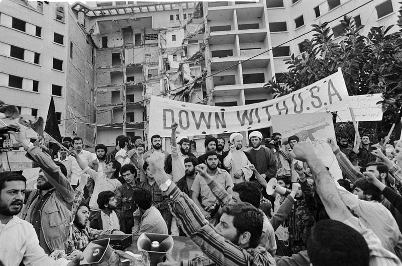 FILE - Shiite Muslim Sheikhs address supporters of Hezbollah in a demonstration outside the bombed U.S. Embassy in West Beirut, Lebanon, April 16, 1986. (AP Photo, File)