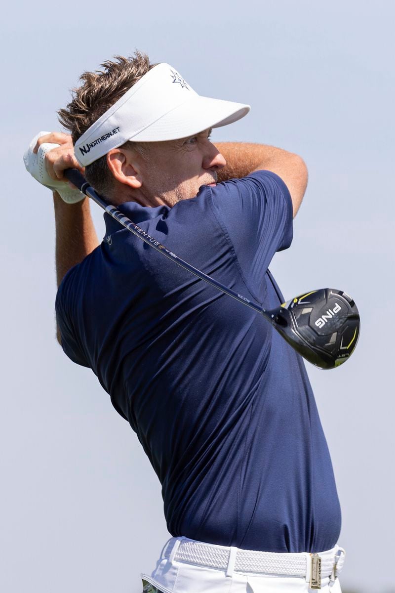 Co-captain Ian Poulter, of Majesticks GC, hits during the first round of LIV Golf Chicago at Bolingbrook Golf Club, Friday, Sept. 13, 2024, in Bolingbrook, Ill. (LIV Golf via AP)