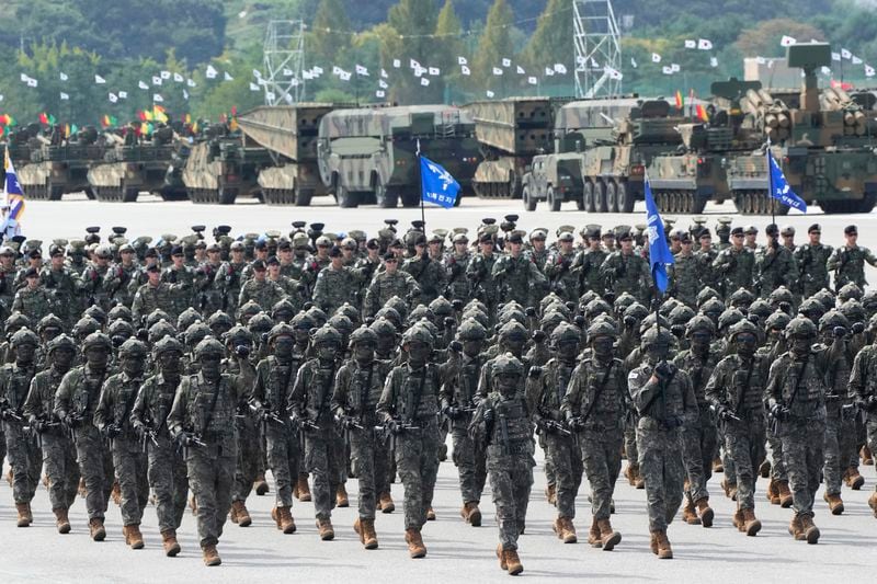 South Korean soldiers march during the media day for the 76th anniversary of Armed Forces Day at Seoul air base in Seongnam, South Korea, Wednesday, Sept. 25, 2024. (AP Photo/Ahn Young-joon)