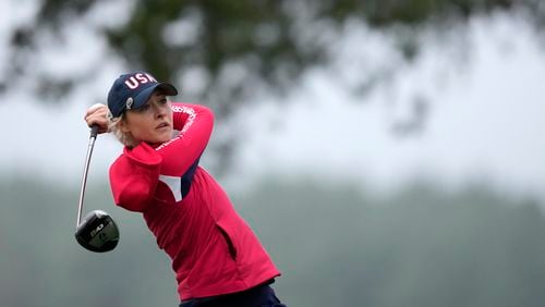 United States' Nelly Korda hits from the second tee during a Solheim Cup golf tournament foursomes match at Robert Trent Jones Golf Club, Friday, Sept. 13, 2024, in Gainesville, VA. (AP Photo/Matt York)