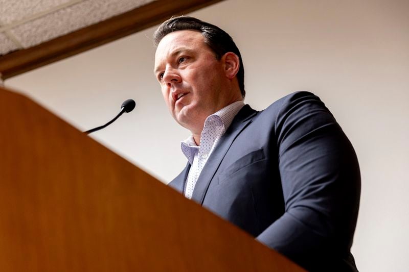 Lt. Gov. Burt Jones attends the state senate's Special Committee on Protecting Women's Sports meeting at the Capitol in Atlanta, Tuesday, Aug. 27, 2024. Jones created the committee. (Arvin Temkar/Atlanta Journal-Constitution via AP)