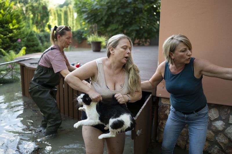 Women save a cat from floods in Szentendre, near Budapest, Hungary, as the Danube river flooded its banks on Thursday, Sept. 19, 2024. (AP Photo/Denes Erdos)