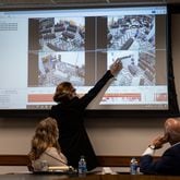 201203-Atlanta- Jacki Pick points out what she considered suspicious activity on surveillance video of the Fulton County absentee vote counting room as she and Rudy Giuliani address a subcommittee of the state Senate judiciary committee at the State Capitol on Thursday, Dec. 3, 2020. Ben Gray for the Atlanta Journal-Constitution