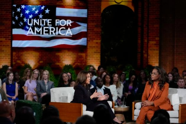 Democratic presidential nominee Vice President Kamala Harris joins Oprah Winfrey at Oprah's Unite for America Live Streaming event Thursday, Sept. 19, 2024 in Farmington Hills, Mich. (AP Photo/Paul Sancya)