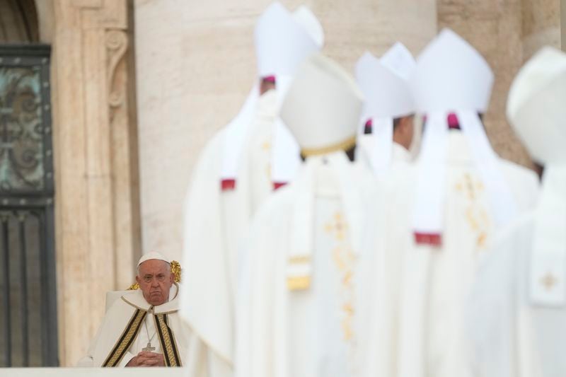 Pope Francis presides over a mass in St. Peter's Square, at the Vatican, for the opening of the second session of the 16th General Assembly of the Synod of Bishops, Wednesday, Oct. 2, 2024. (AP Photo/Gregorio Borgia)