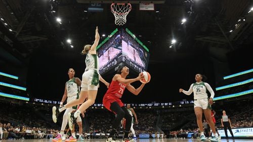 Aerial Powers of the Atlanta Dream goes to the basket during the game on July 14, 2024 at Climate Pledge Arena in Seattle, Washington. (Photo by Scott Eklund/NBAE via Getty Images)