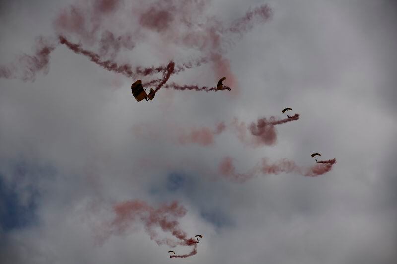 Parachute drop in Carentan-Les-Marais in Normandy, France on Sunday, June 02, 2024, ahead of D-Day 80th anniversary commemorations. (AP Photo/Jeremias Gonzalez)