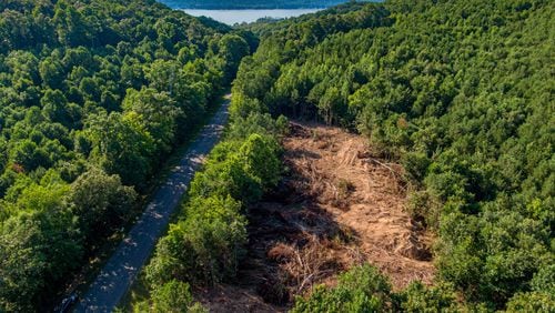 A recent development on newly-bought Marshall County land scars the lush green landscape near Lake Guntersville in Alabama. (Photo Courtesy of Lee Hedgepeth/Inside Climate News)