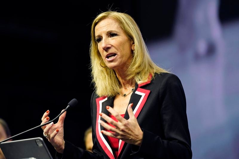 FILE -WNBA Commissioner Cathy Engelbert announces an expansion franchise for the San Francisco Bay Area at Chase Center in San Francisco, Thursday, Oct. 5, 2023. The WNBA is expanding north with Toronto gaining a franchise that will begin play in 2026. (AP Photo/Eric Risberg, File)