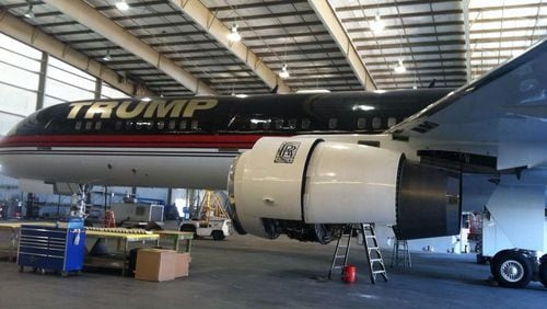 Donald Trump's Boeing 757 inside a hangar while being serviced at Stambaugh Aviation in Brunswick, Georgia.