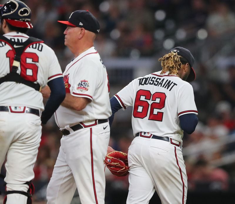 Braves starting pitcher Touki Toussaint is pulled from the game by Brian Snitker after giving up a 2-run homer during the fifth inning.    “Curtis Compton / Curtis.Compton@ajc.com”