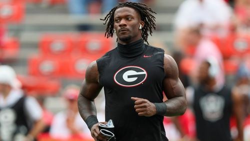 Georgia linebacker Smael Mondon Jr. warms up before their game against South Carolina at Sanford Stadium, Saturday, September 16, 2023, in Athens, Ga. Georgia won 24-14. (Jason Getz / Jason.Getz@ajc.com)