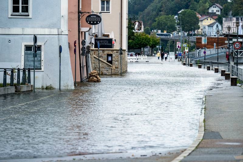 Flooded streets from the Danube River in Passau, Germany, Sunday Sept. 15, 2024. (Armin Weigel/dpa via AP)