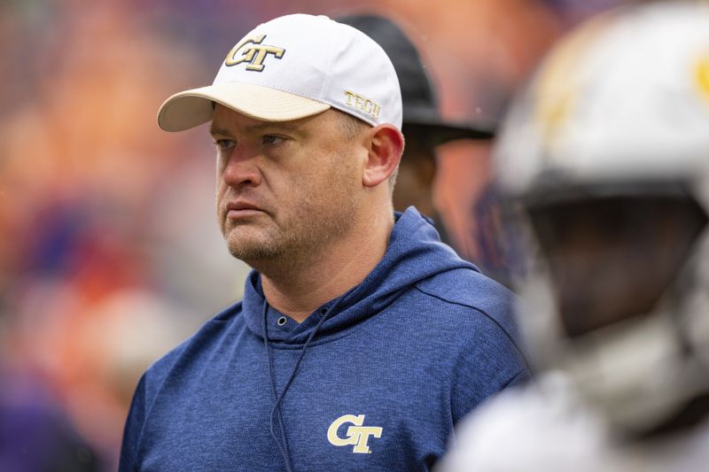 FILE - Georgia Tech head coach Brent Key looks on before an NCAA college football game against Clemson, Saturday, Nov. 11, 2023, in Clemson, S.C. (AP Photo/Jacob Kupferman, File)