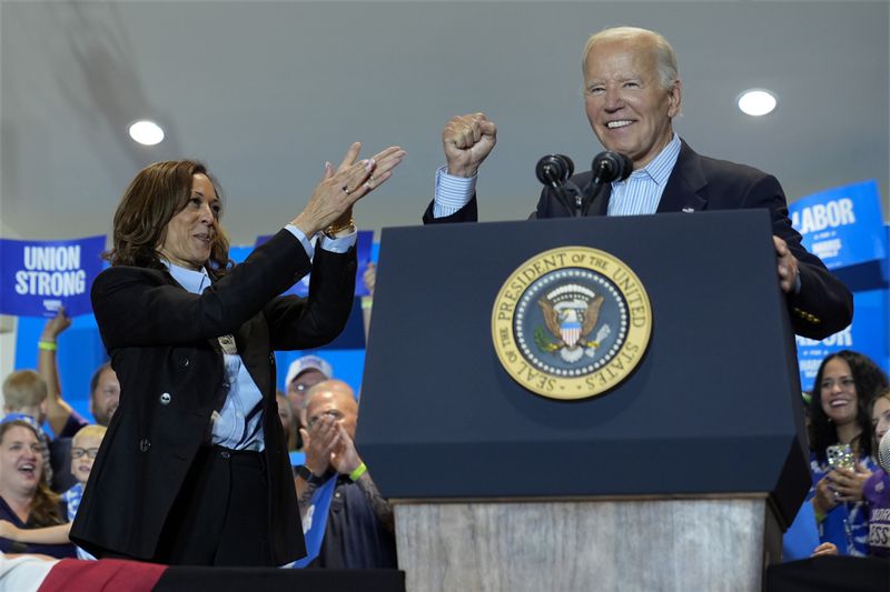 President Joe Biden and Democratic presidential nominee Vice President Kamala Harris campaign at the IBEW Local Union #5 union hall in Pittsburgh on Labor Day, Monday, Sept. 2, 2024. (AP Photo/Susan Walsh)