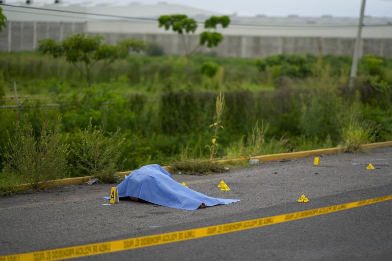 Crime scene markers surround a body found lying on the side of a road which was covered in a blue sheet by National Guardsmen, in Culiacan, Sinaloa state, Mexico, Saturday, Sept. 21, 2024. (AP Photo/Eduardo Verdugo)