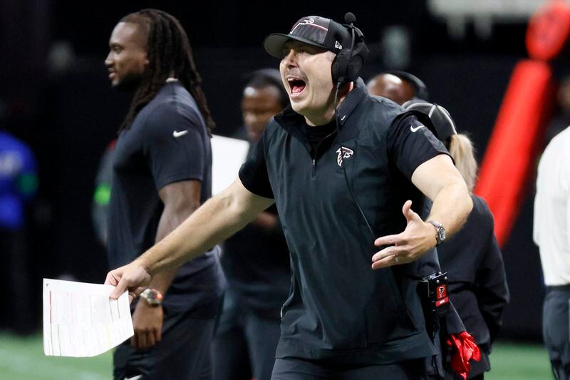 Falcons head coach Arthur Smith reacts on a call after an interception during the first half in a preseason game against the Cincinnati Bengals at Mercedes-Benz Stadium on Friday, August 18, 2023, in Atlanta.
Miguel Martinez/miguel.martinezjimenez@ajc.com