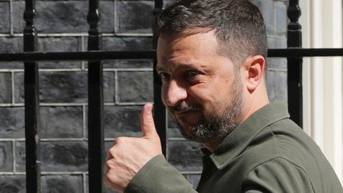 Ukraine's President Volodymyr Zelenskyy leaves Downing Street after meeting with Britain's Prime Minister Keir Starmer in London, Friday, July 19, 2024. (AP Photo/Kin Cheung)