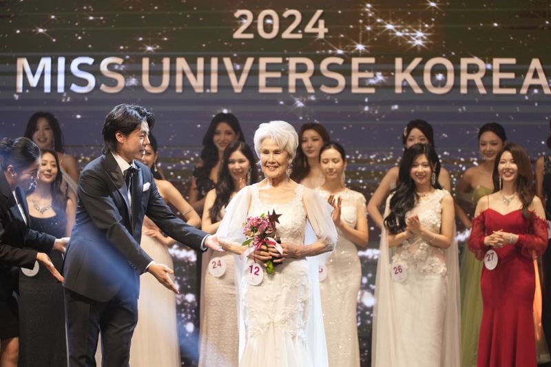 South Korean Choi Soon-hwa, 81-year-old, poses after winning the best dress award for the 2024 Miss Universe Korea in Seoul, South Korea, Monday, Sept. 30, 2024. (AP Photo/Lee Jin-man)