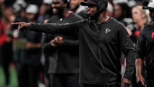 Atlanta Falcons head coach Raheem Morris watches play against the Jacksonville Jaguars in the first half of an NFL preseason footballl game, Friday, Aug. 23, 2024, in Atlanta. (AP Photo/John Bazemore)