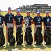 FRISCO, TX - JULY 03: The Boys High School Golf National Invitational first place team Georgia (RVA) featuring Patmon Malcom, Charles Beeson, Joseph Canitano, Kai Marko, and Nicholas Canitano with the trophy and Titleist golf bags at PGA Frisco on Wednesday, July 3, 2024 in Frisco, Texas. (Photo by Sam Hodde/PGA of America)