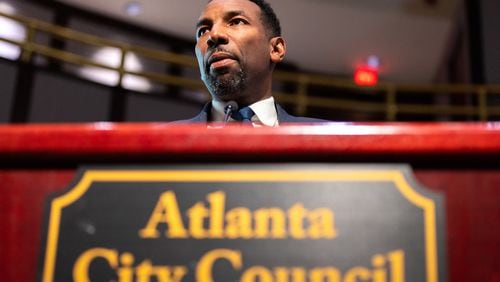 Mayor Andre Dickens speaks during a council meeting at City Hall in Atlanta on Monday, June 3, 2024. (Arvin Temkar / AJC)