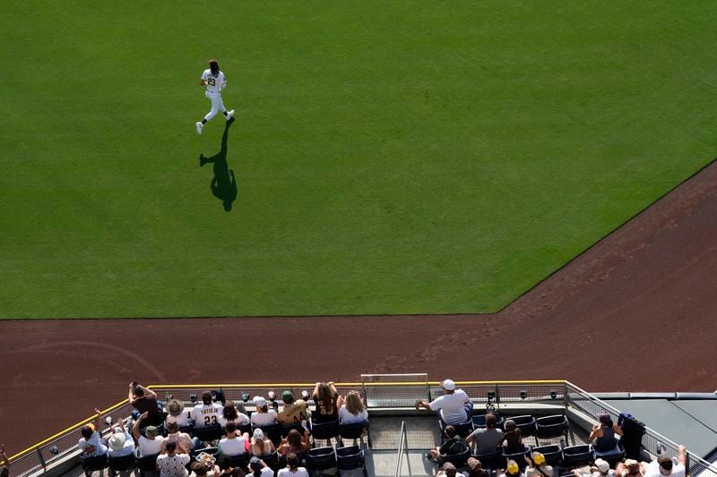 San Diego Padres right fielder Fernando Tatis Jr. runs in the outfield during the fifth inning of a baseball game against the Detroit Tigers, Monday, Sept. 2, 2024, in San Diego. (AP Photo/Gregory Bull)