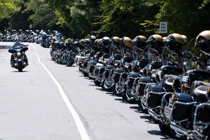 Police motorcycles line the drive around West Ridge Church in Dallas before the funeral for Paulding Deputy Brandon Cunningham on Friday. (Ben Gray / Ben@BenGray.com)