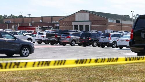 Police tape surrounds Apalachee High School, Wednesday, Sept. 4, 2024, in Winder, Ga. One person is in custody after a shooting at Apalachee High School in Barrow County injured multiple people Wednesday morning. (Jason Getz / AJC)
