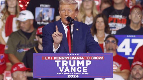 Republican presidential nominee former President Donald Trump speaks at a campaign rally at the Mohegan Sun Arena at Casey Plaza in Wilkes-Barre, Pa., Saturday, Aug. 17, 2024. (AP Photo/Laurence Kesterson)