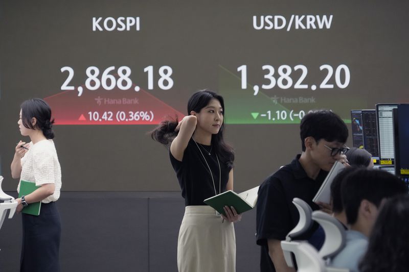 Currency traders work near the screen showing the Korea Composite Stock Price Index (KOSPI), left, and the foreign exchange rate between U.S. dollar and South Korean won at the foreign exchange dealing room of the KEB Hana Bank headquarters in Seoul, South Korea, Tuesday, July 9, 2024. (AP Photo/Ahn Young-joon)