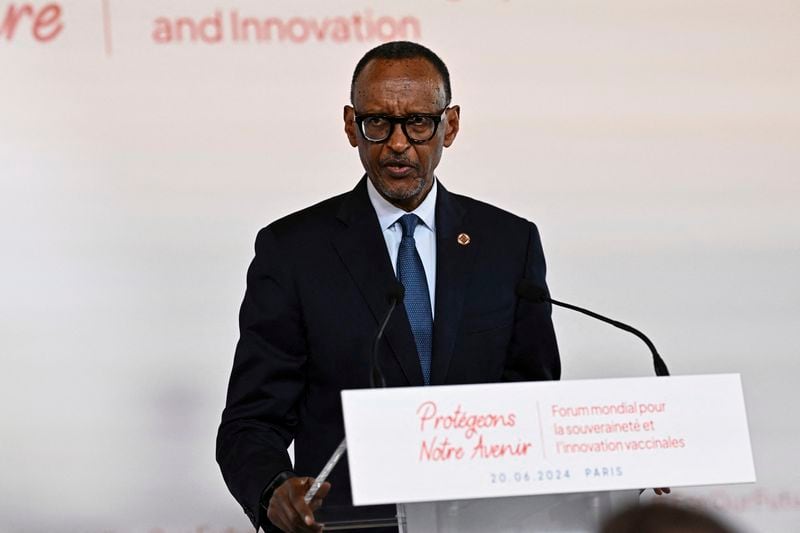Rwanda's President Paul Kagame delivers his speech during the African Vaccine Manufacturing Accelerator conference, Thursday, June 20, 2024 in Paris. French President Emmanuel Macron is joining some African leaders to kick off a planned $1 billion project to accelerate the rollout of vaccines in Africa, after the coronavirus pandemic bared gaping inequalities in access to them. (Dylan Martinez/Pool via AP)