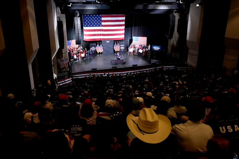 Supporters listen as Republican presidential nominee former President Donald Trump speaks during a campaign event at the Linda Ronstadt Music Hall, Thursday, Sept.12, 2024, in Tucson, Ariz. (AP Photo/Alex Brandon)