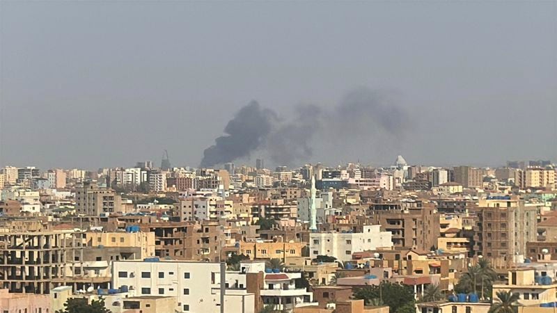 This grab from video shows smoke rising over Khartoum, Sudan on Thursday Sept. 26, 2024, after Sudan’s military started an operation to take areas of the capital from its rival, the paramilitary Rapid Support Forces. (AP Photo/Rashed Ahmed)