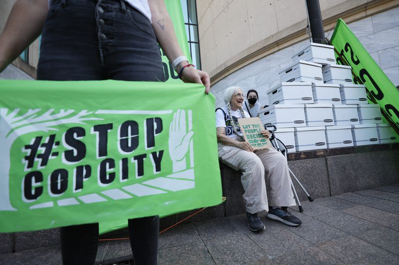 Lorraine Fontana of Grand Mothers for Peace awaits the press conference from the opponents of Atlanta’s planned public safety training center announcing the delivery of their petition with 100,000 signatures at the City Hall on Monday, Sept. 11, 2023.
Miguel Martinez /miguel.martinezjimenez@ajc.com