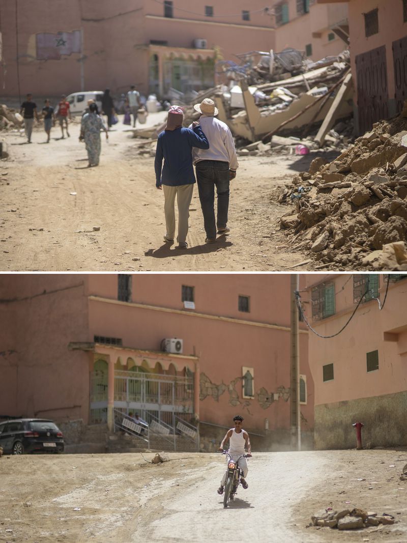 In this combination of photos, people walk past damage from an earthquake in the town of Amizmiz, near Marrakech, Sept. 10, 2023, and a boy driving down the same road on Sept. 4, 2024. (AP Photo/Mosa'ab Elshamy)