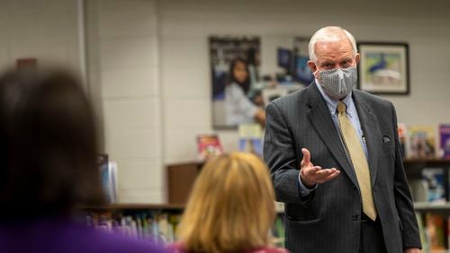 Gwinnett County Public Schools Superintendent and CEO J. Alvin Wilbanks speaks with Burnette Elementary School parents and staff during a meeting in the school’s library in Suwanee on March 24, 2021. (Alyssa Pointer / Alyssa.Pointer@ajc.com)