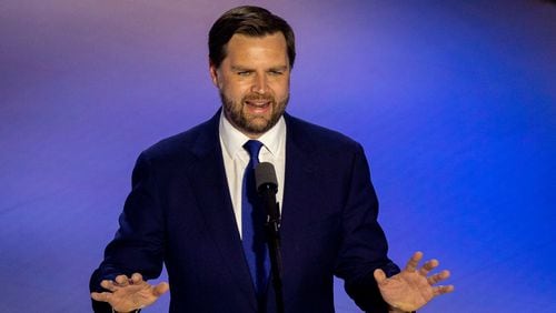 GOP Vice Presidential Nominee JD Vance speaks on stage in Milwaukee on July 17, 2024, the third day of the Republican National Convention.