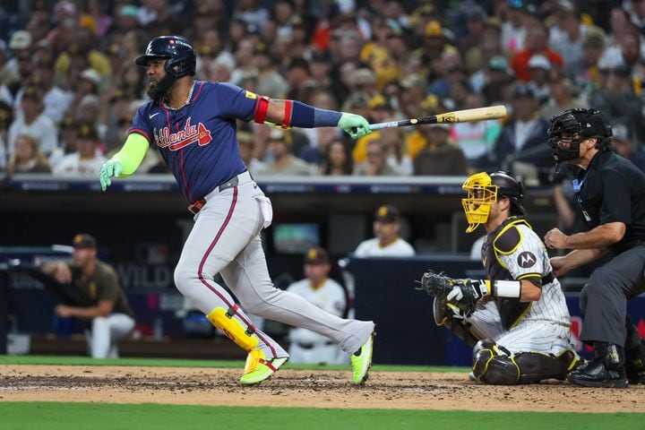 Atlanta Braves designated hitter Marcell Ozuna lines out against the San Diego Padres during the fourth inning of National League Division Series Wild Card Game Two at Petco Park in San Diego on Wednesday, Oct. 2, 2024.   (Jason Getz / Jason.Getz@ajc.com)